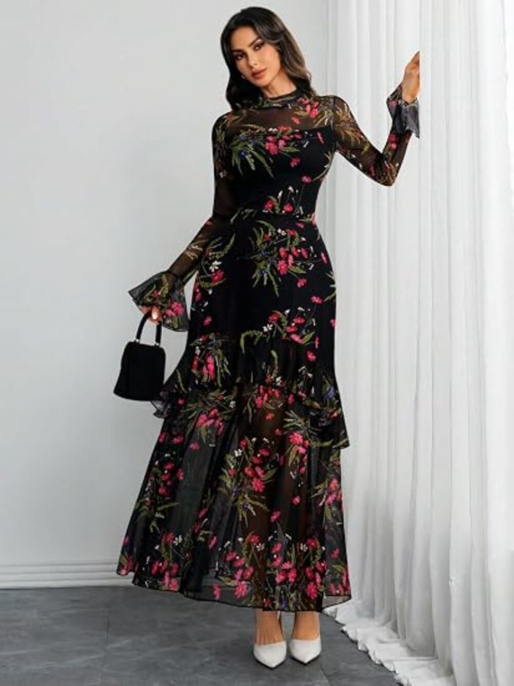 Women Floral Maxi Dress Bell Sleeve Party Wedding Guest Dresses - Picture 4 of 4